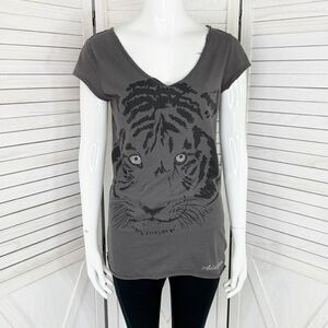 Bebe Addiction Vintage Tiger Face Cage Back Tee Shirt Grey Small Rhinestone